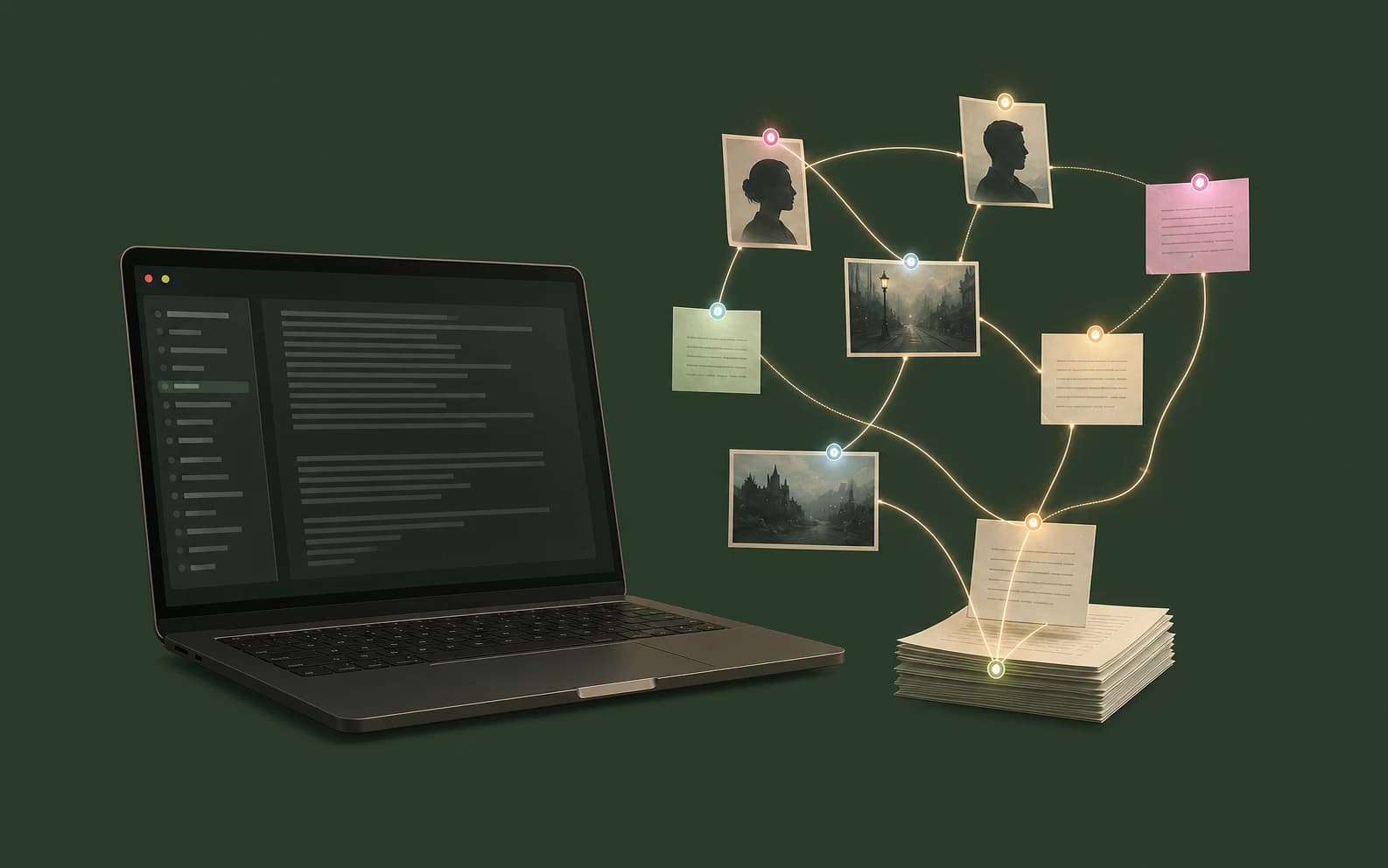 A writing desk with manuscript notes automatically connected into story threads.