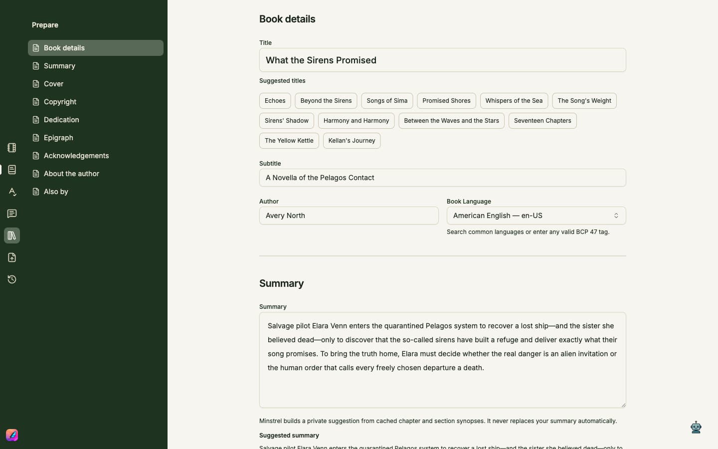 Book details with title, subtitle, author, language, and summary fields.