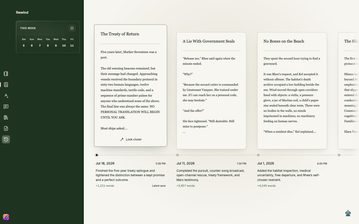 Rewind showing saved versions as cards along a timeline.
