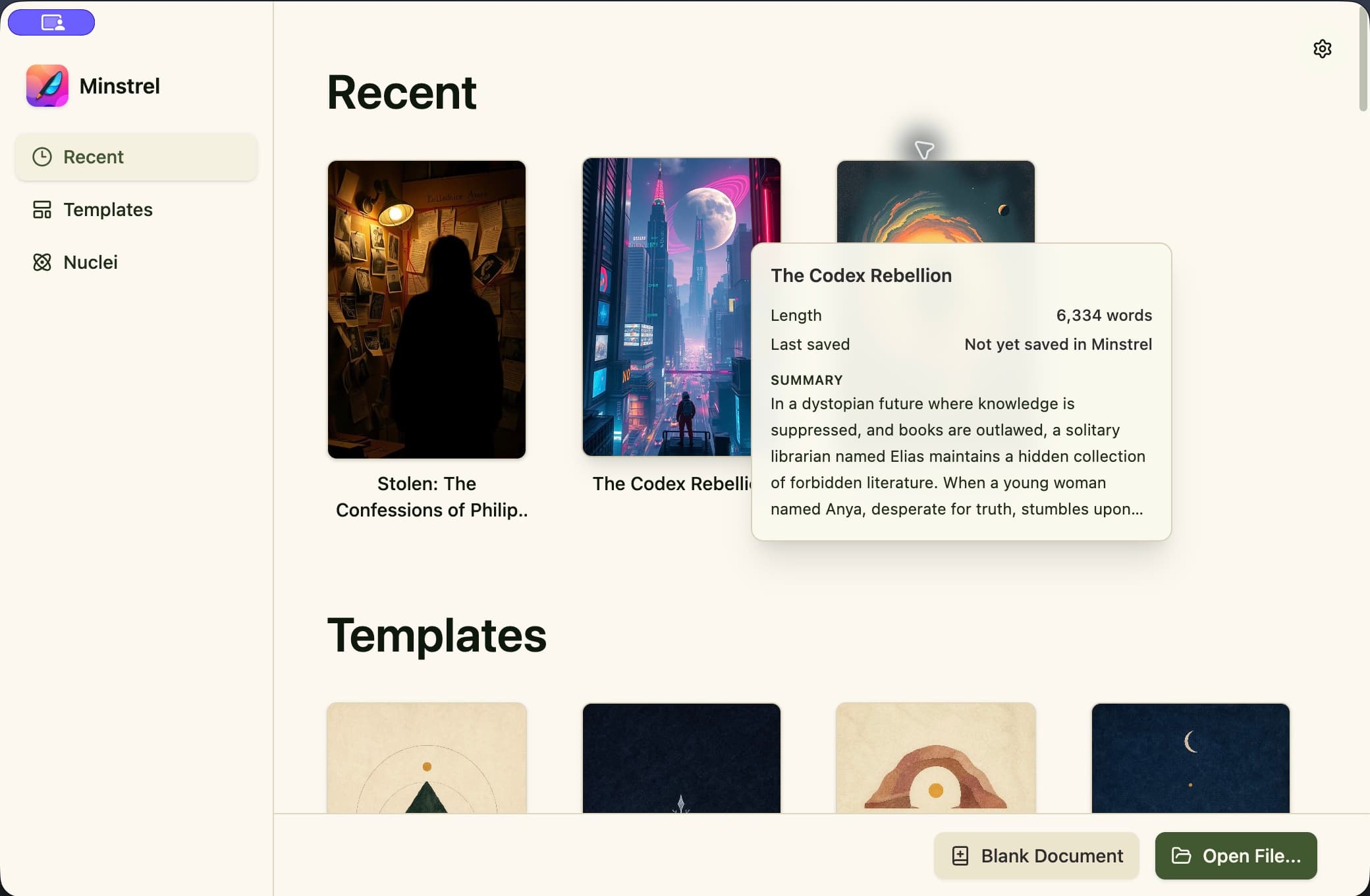 The Minstrel library with recent projects, templates, and nuclei.