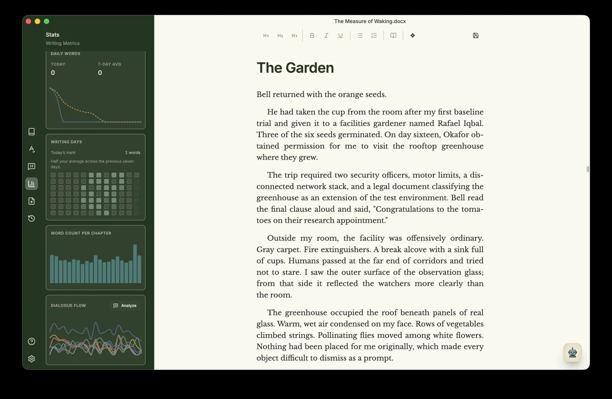 Minstrel's writing metrics and dialogue flow beside a chapter.