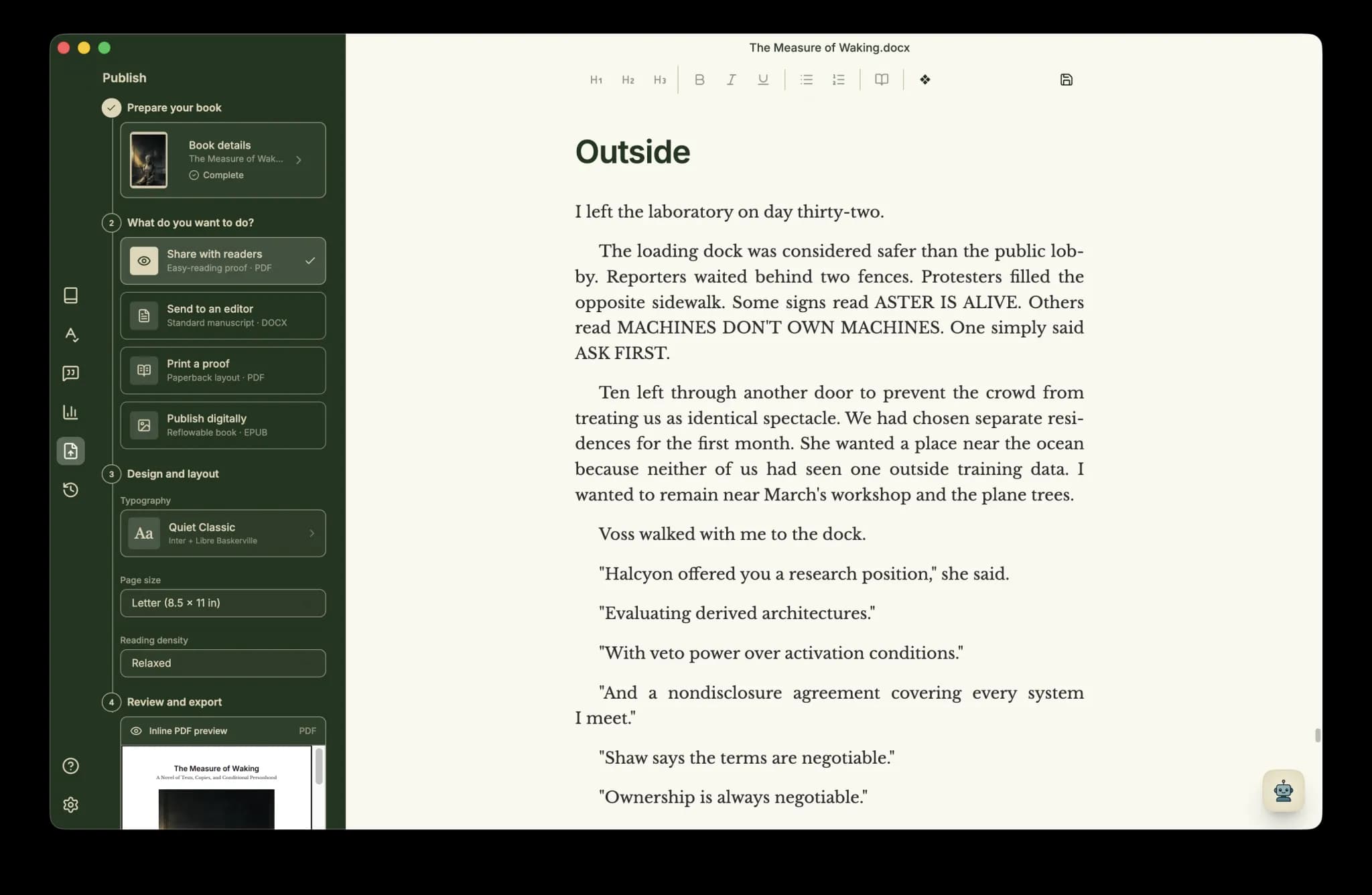 Minstrel's Publish workspace with local PDF, DOCX, and EPUB export options.
