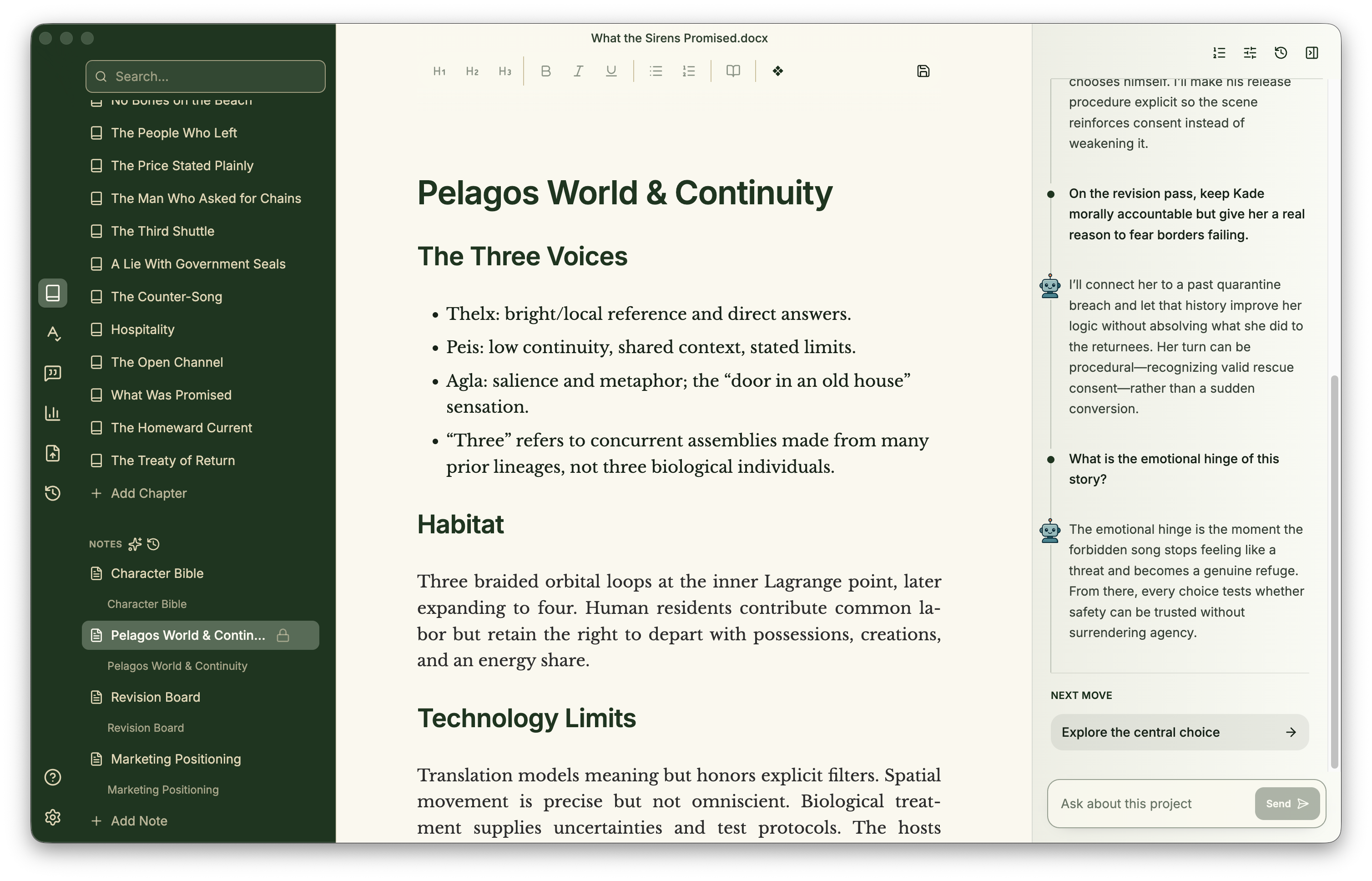 Minstrel story-memory note alongside chapter navigation and manuscript chat.