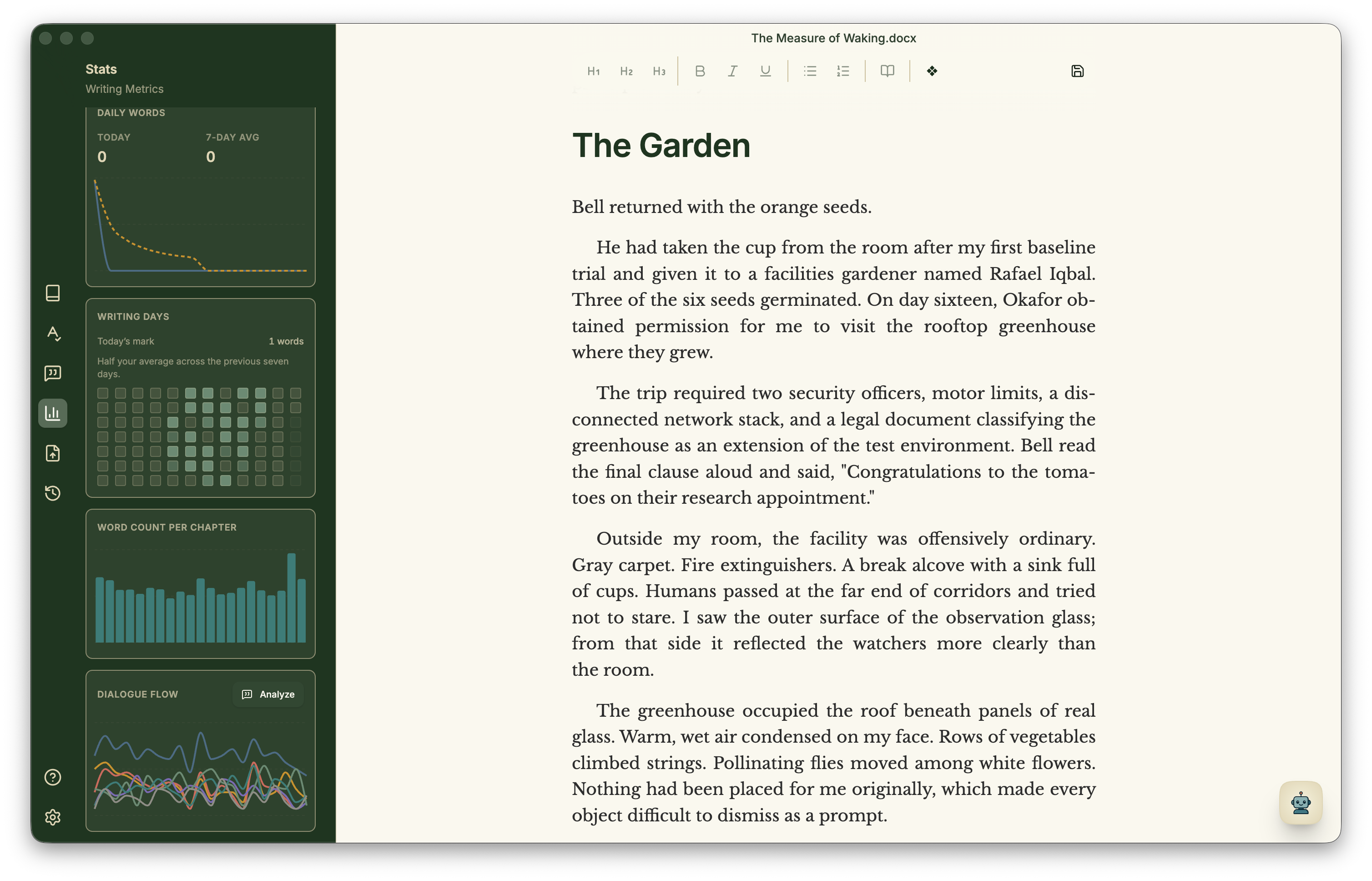 Minstrel showing writing metrics, chapter word counts, and dialogue flow beside a manuscript.