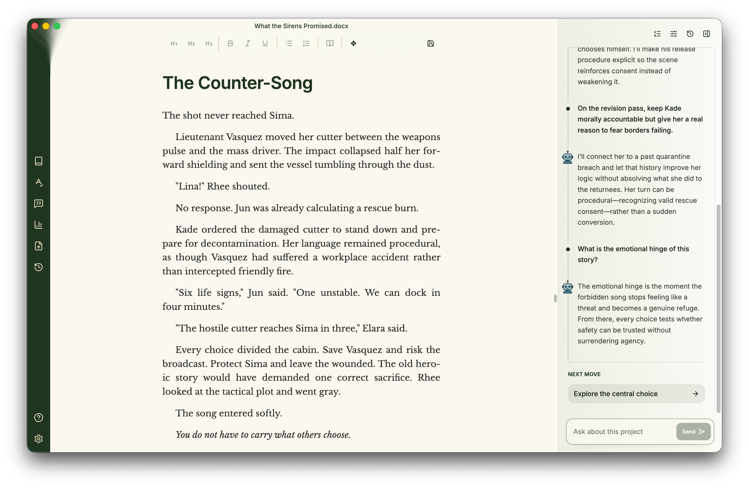 Minstrel Chat answering a question about the manuscript beside character notes in the editor.