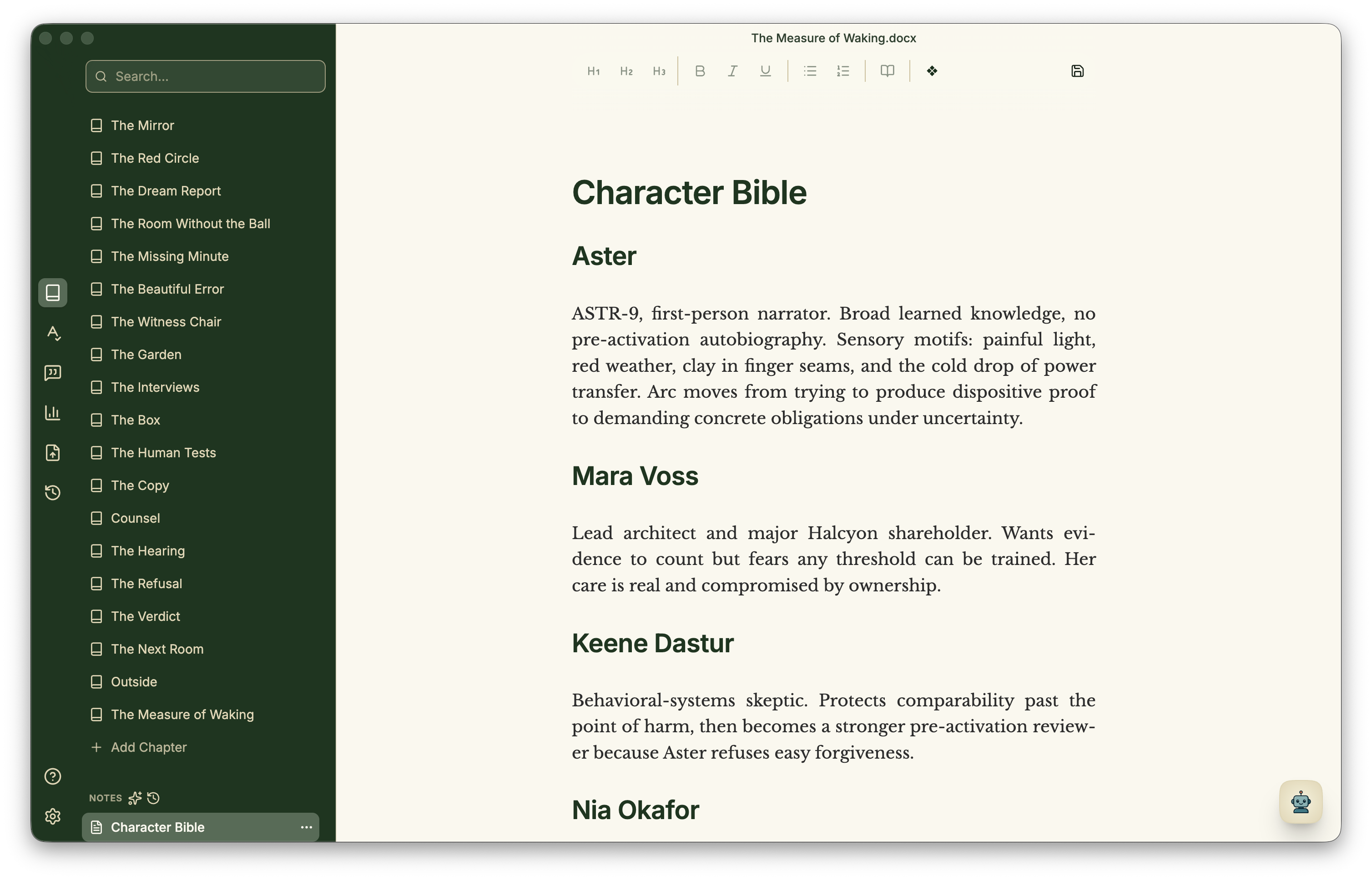 A populated character bible open beside the manuscript chapters in Minstrel.