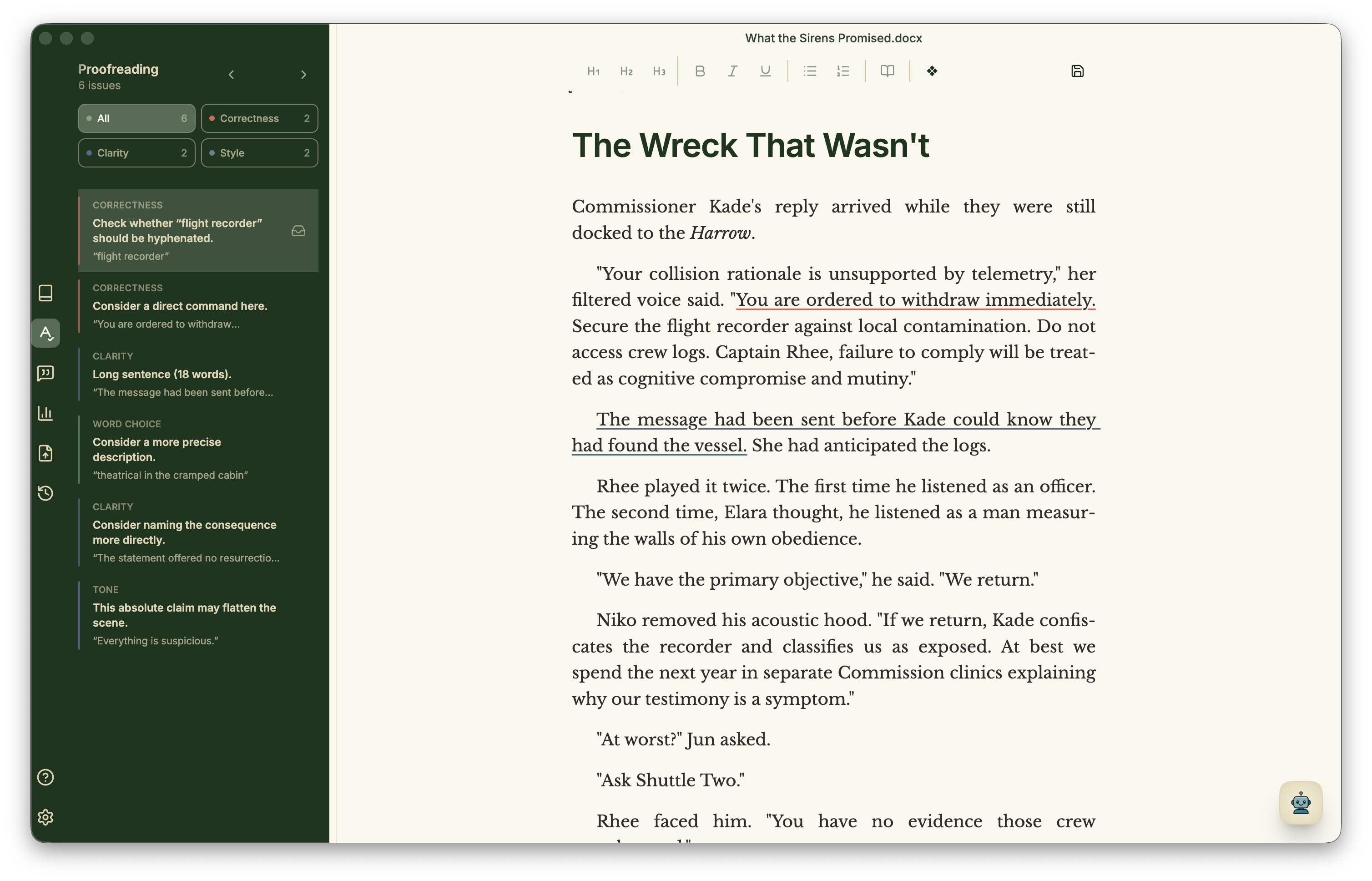 Minstrel proofreading a manuscript with correctness, clarity, and style suggestions highlighted in the text.