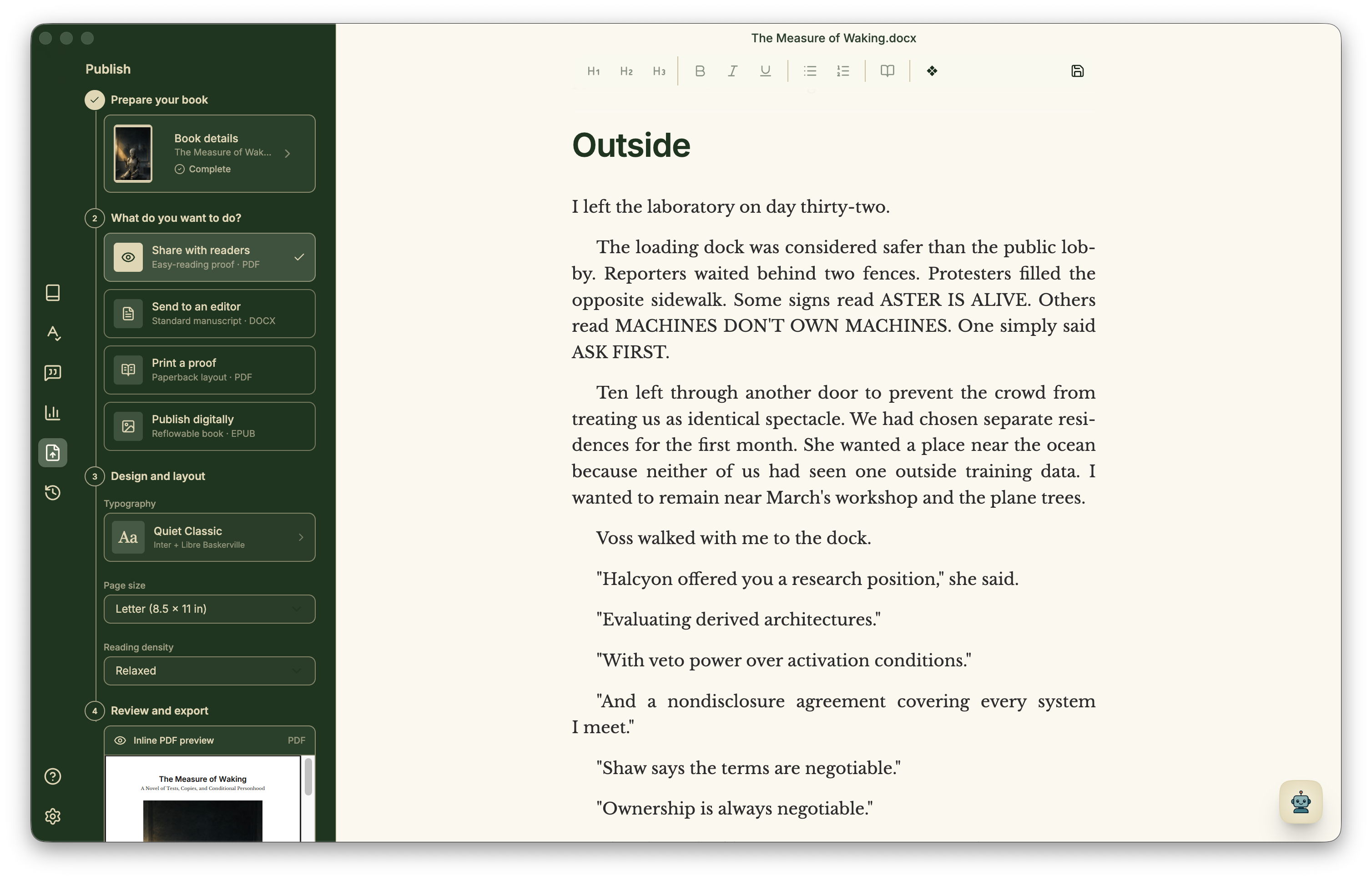 Minstrel publishing controls for exporting a manuscript as PDF, DOCX, print, or EPUB.