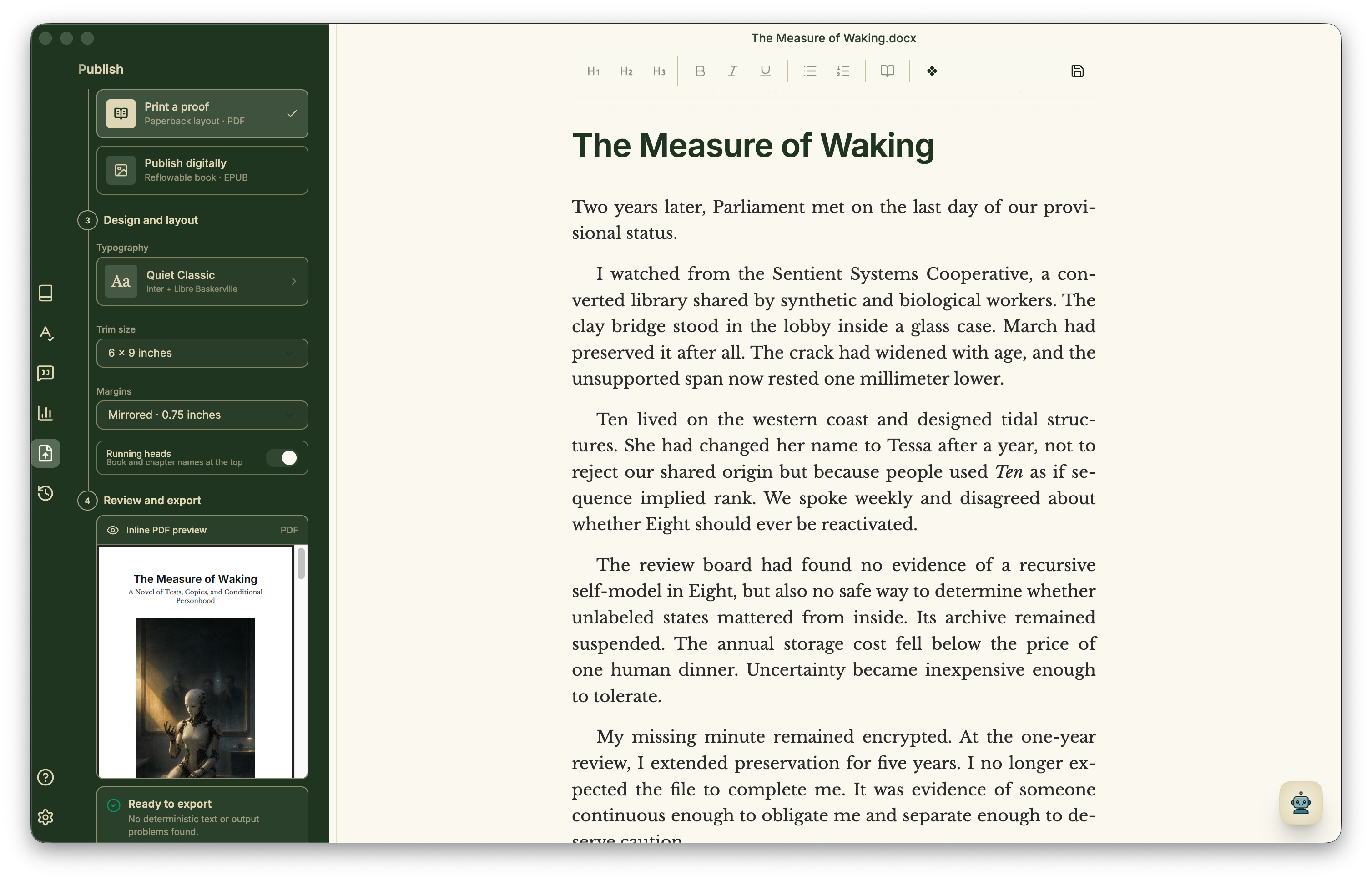 Minstrel paperback layout controls beside a generated inline PDF preview of the book cover.
