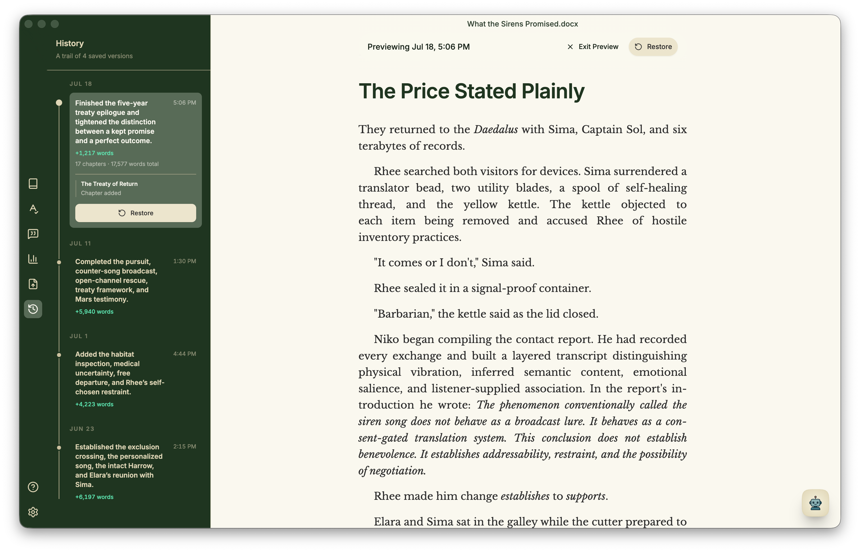 Minstrel version history showing saved manuscript changes and a preview with restore controls.